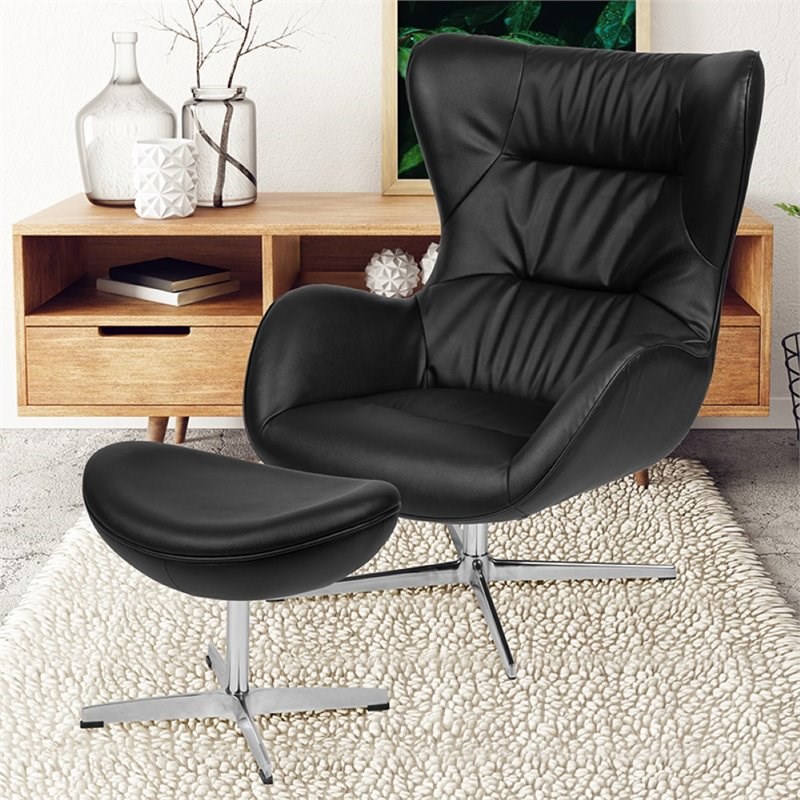 Flash Furniture Leather Upholstered Swivel Wing Chair and Ottoman Set in Black