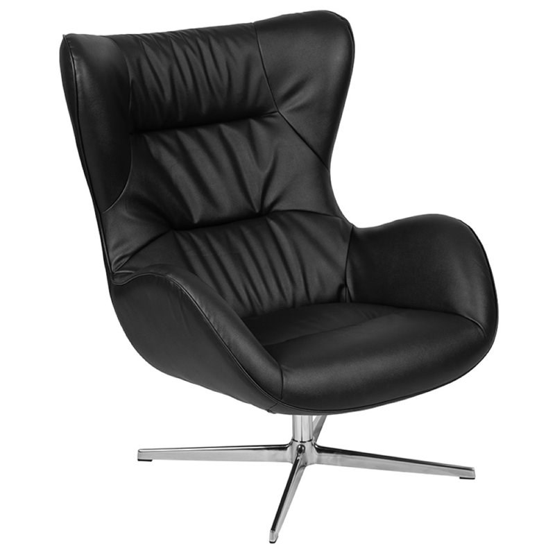 Flash Furniture Leather Upholstered Swivel Wing Chair and Ottoman Set in Black