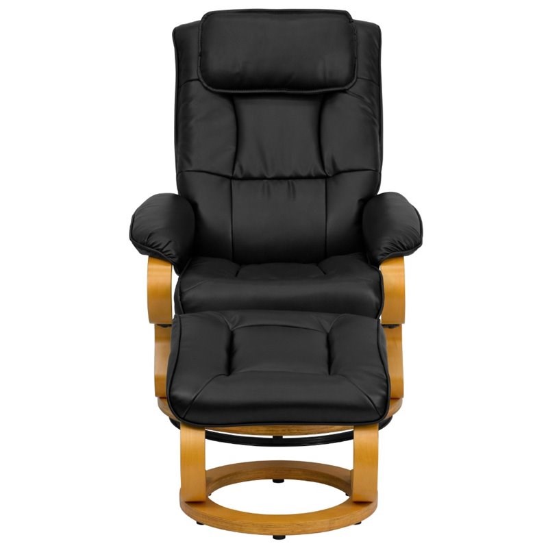 Flash Furniture Contemporary Adjustable Recliner and Ottoman with Swivel Maple Wood Base in Brown LeatherSoft 