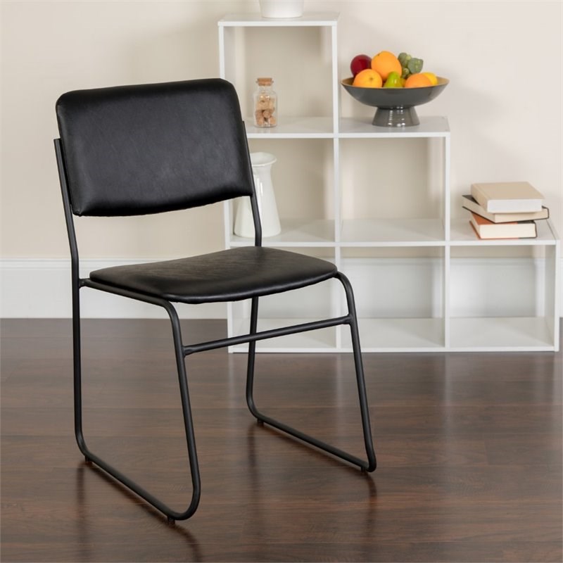 Flash Furniture Hercules Faux Leather Sled Base Stacking Chair in Black