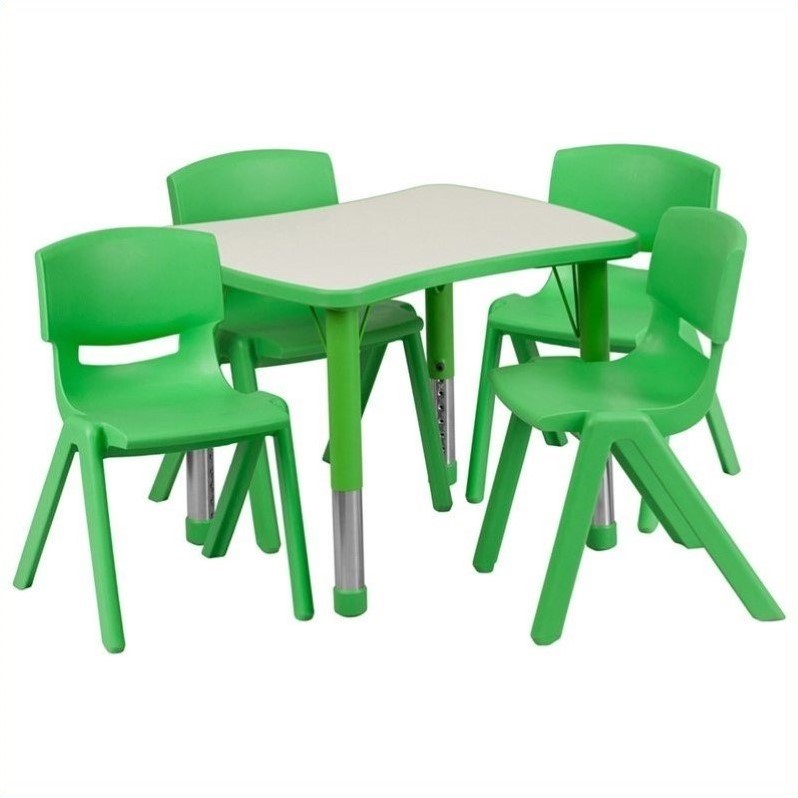 Flash Furniture Curved Rectangular Plastic Activity Table Set with 4 School Stack Chairs in Green