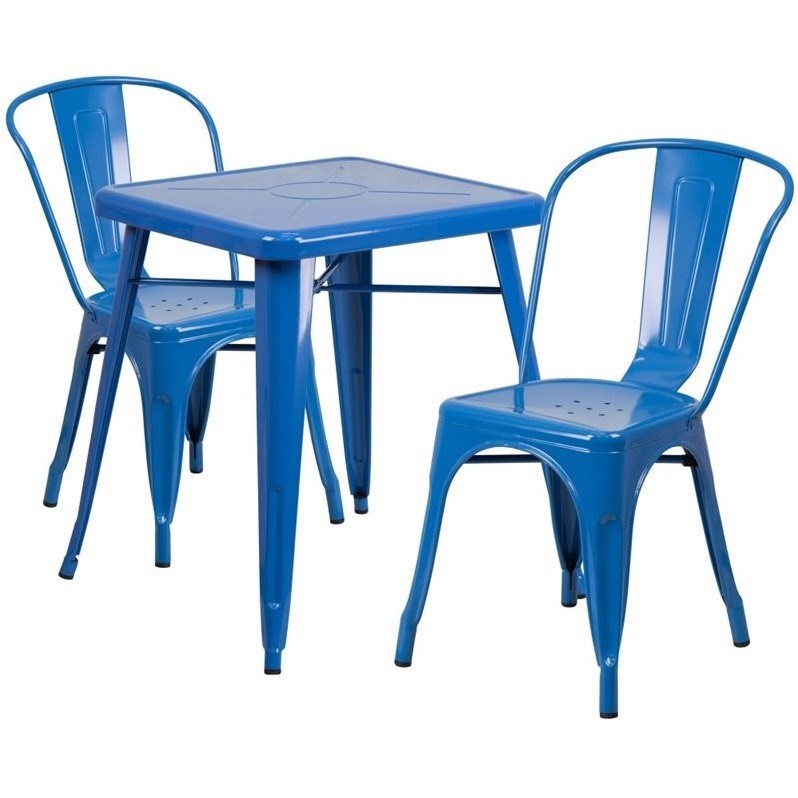 Flash Furniture 3 Piece Square Metal Bistro Dining Set in Blue