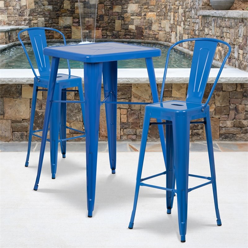 Flash Furniture 3 Piece Square Metal Pub Set in Blue