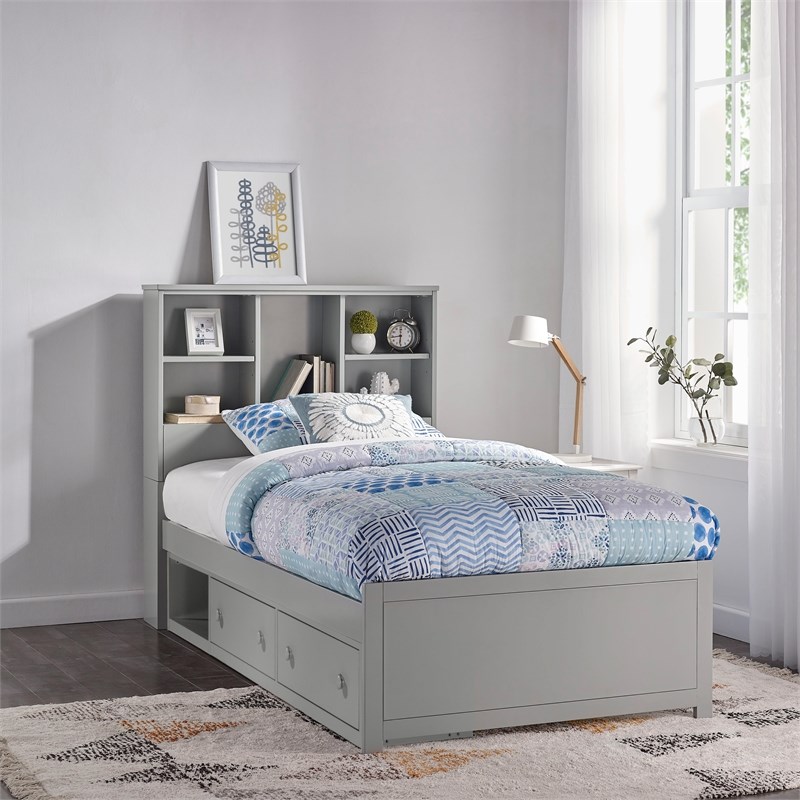 NE Kids Caspian Wood Bookcase Twin Bed with Storage Unit in Gray ...