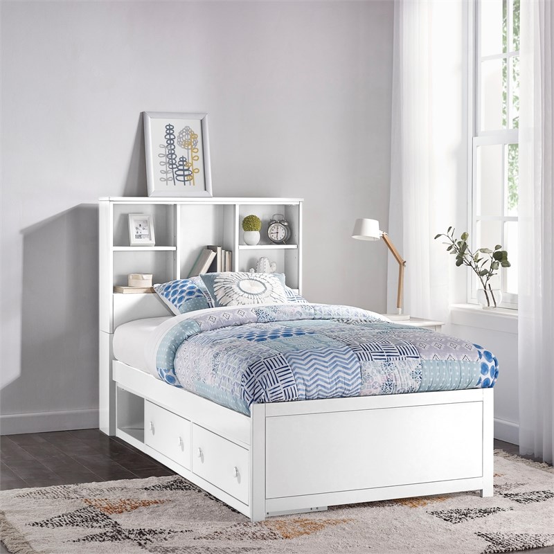 NE Kids Caspian Wood Bookcase Twin Bed with Storage Unit in White