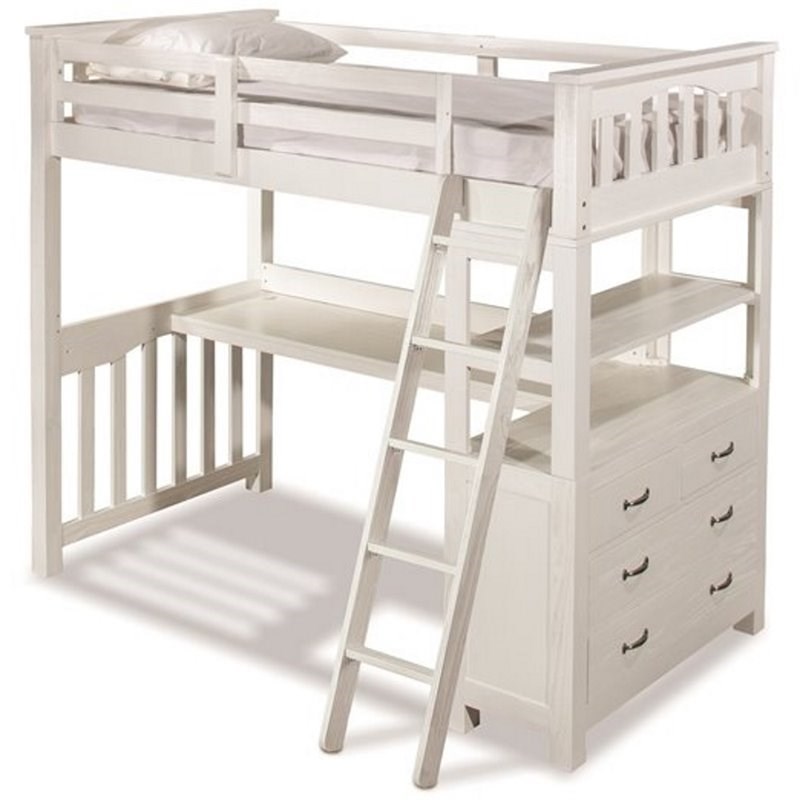 Highlands Twin Loft Bed With Desk In, Lake House White Twin Loft Bed With Desktop