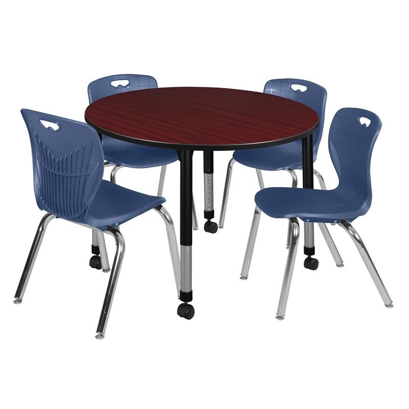 Brown and blue round table Kee 48in Round Adjustable Student Table Brown 4 Andy 18 In Chairs Blue Tb48rndmhapcbk40nv