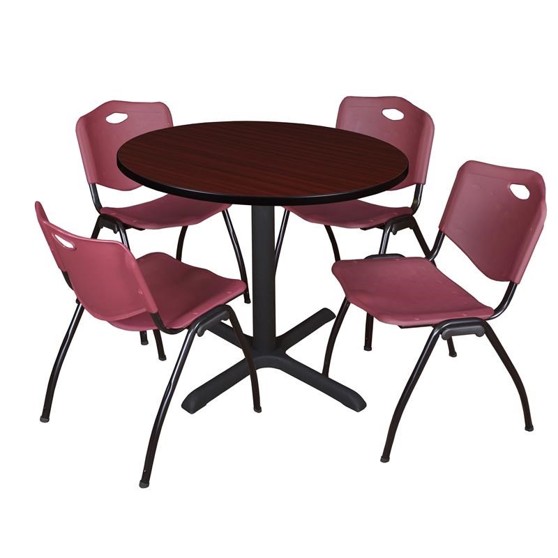 Regency Round Lunch Table and 4 Burgundy M Stack Chairs in Mahogany
