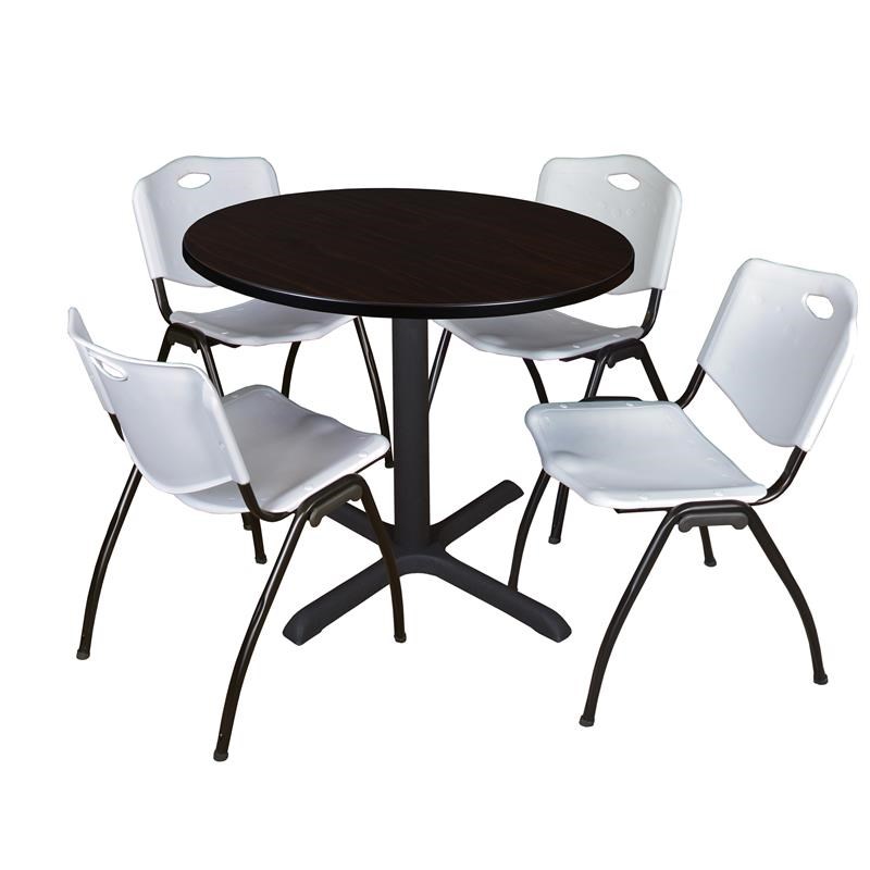 Regency Round Lunch Table and 4 Grey M Stack Chairs in Mocha Walnut
