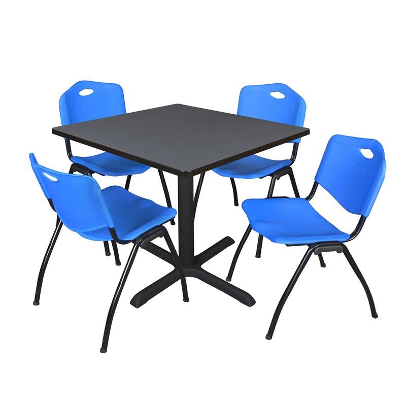 Regency Square Lunchroom Table and 4 Blue M Stack Chairs in Grey