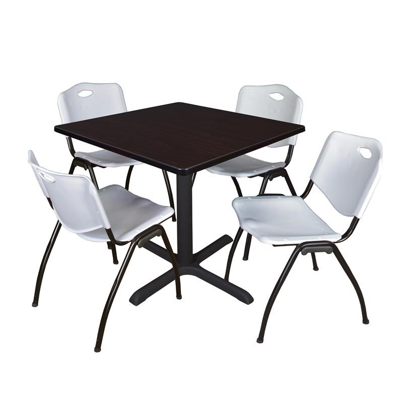 Regency Square Lunch Table and 4 Grey M Stack Chairs in Mocha Walnut