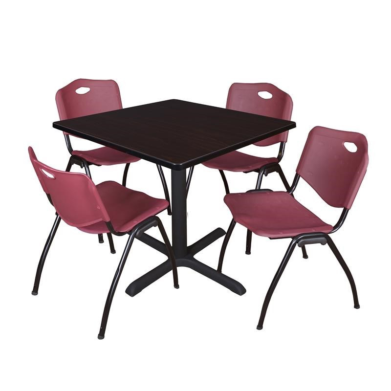 Regency Square Lunch Table and 4 Burgundy Stack Chairs in Mocha Walnut