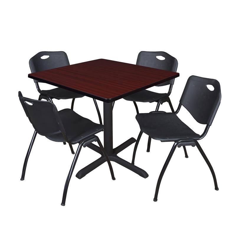 Regency Square Lunchroom Table and 4 Black M Stack Chairs in Mahogany