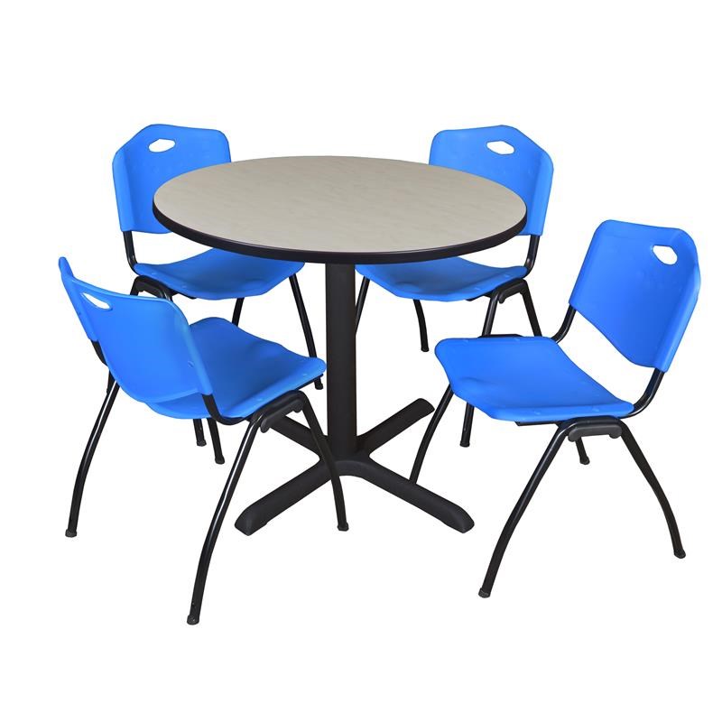 Regency Round Lunchroom Table and 4 Blue M Stack Chairs in Maple