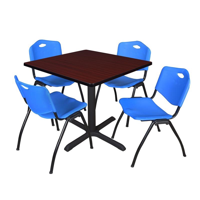 Regency Square Lunchroom Table and 4 Blue M Stack Chairs in Mahogany