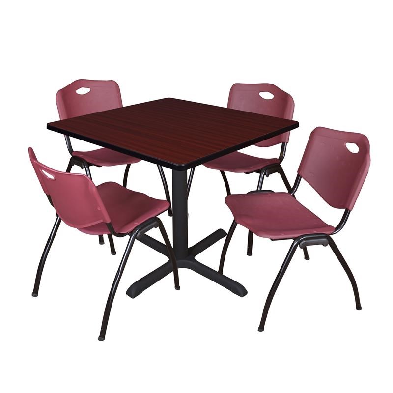 Regency Square Lunch Table and 4 Burgundy M Stack Chairs in Mahogany