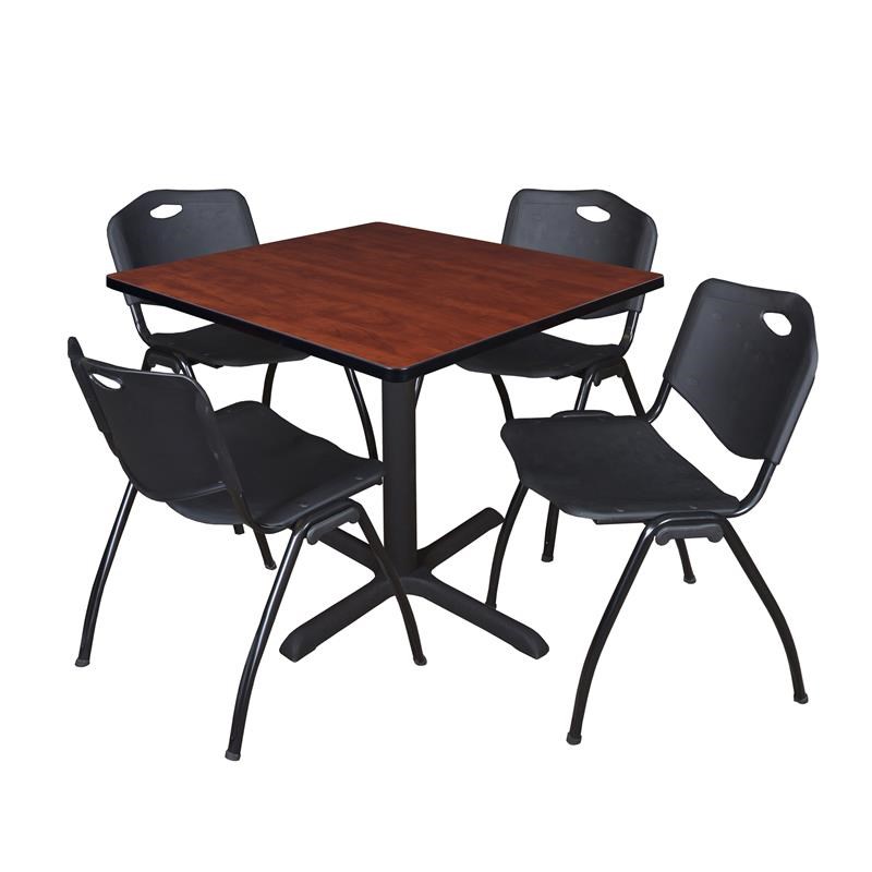 Regency Square Lunchroom Table and 4 Black M Stack Chairs in Cherry