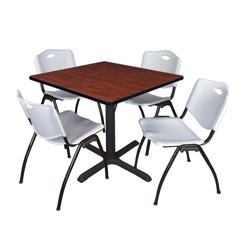 Regency Square Lunchroom Table and 4 Grey M Stack Chairs in Cherry