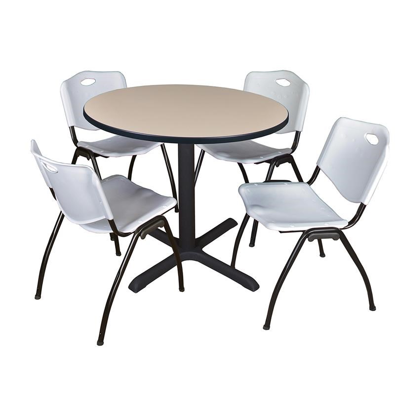 Regency Round Lunchroom Table and 4 Grey M Stack Chairs in Beige