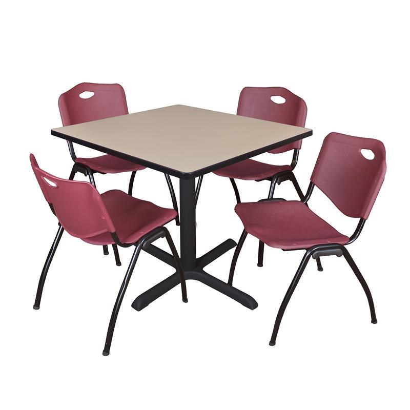 Regency Square Lunchroom Table and 4 Burgundy M Stack Chairs in Beige