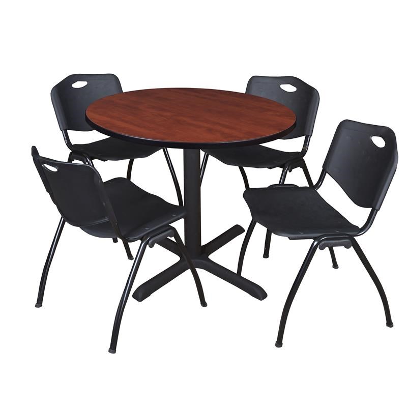 Regency Round Lunchroom Table and 4 Black M Stack Chairs in Cherry