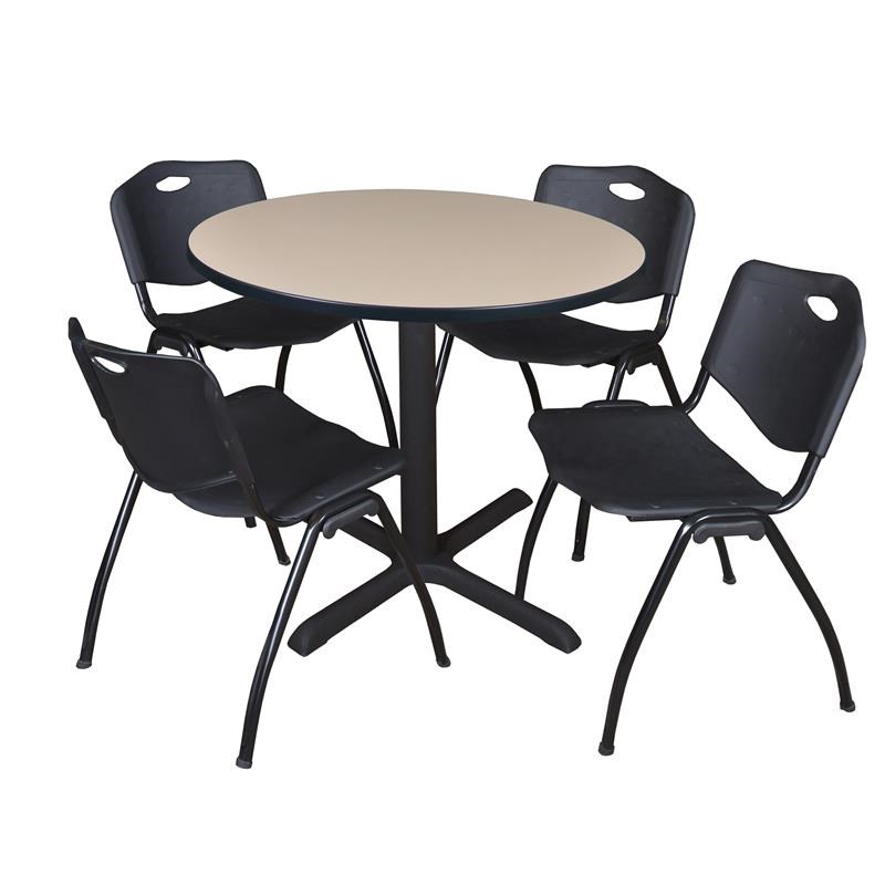 Regency Round Lunchroom Table and 4 Black M Stack Chairs in Beige
