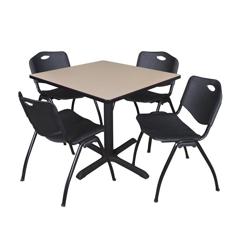 Regency Square Lunchroom Table and 4 Black M Stack Chairs in Beige