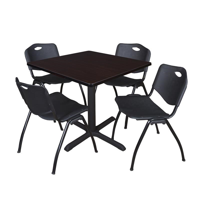 Regency Square Lunch Table and 4 Black M Stack Chairs in Mocha Walnut