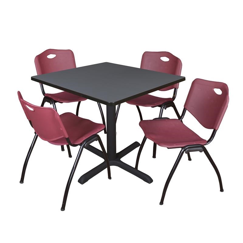 Regency Square Lunchroom Table and 4 Burgundy M Stack Chairs in Grey