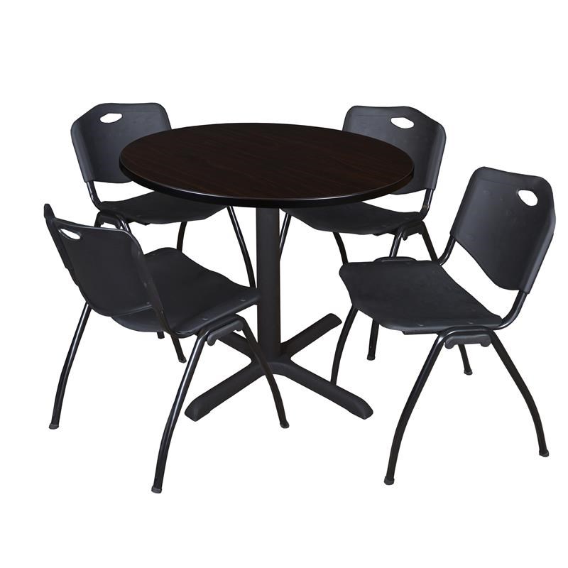 Regency Round Lunch Table and 4 Black M Stack Chairs in Mocha Walnut