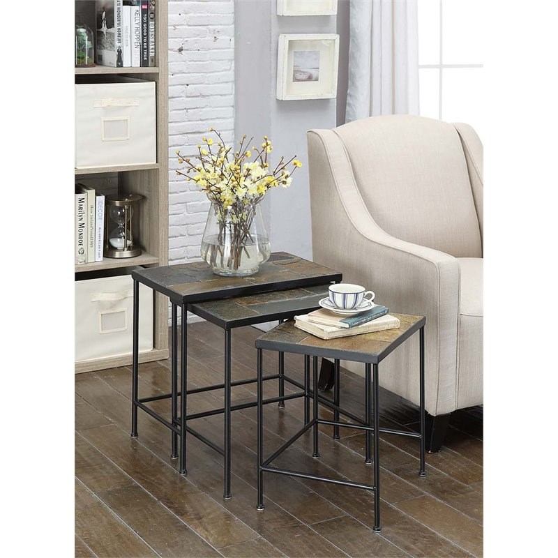 4D Concepts 3 Piece Rustic Slate Top Metal Nesting Table Set in Black