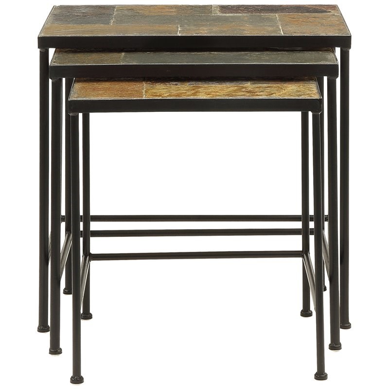 4D Concepts 3 Piece Rustic Slate Top Metal Nesting Table Set in Black