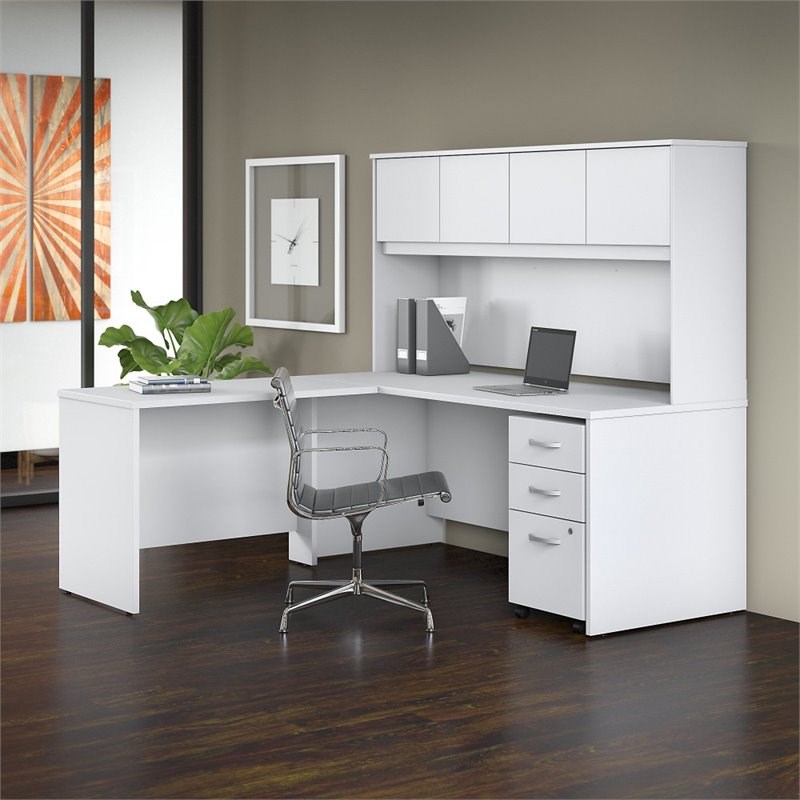 Studio C 72W L Shaped Desk with Hutch & Drawers in White - Engineered Wood