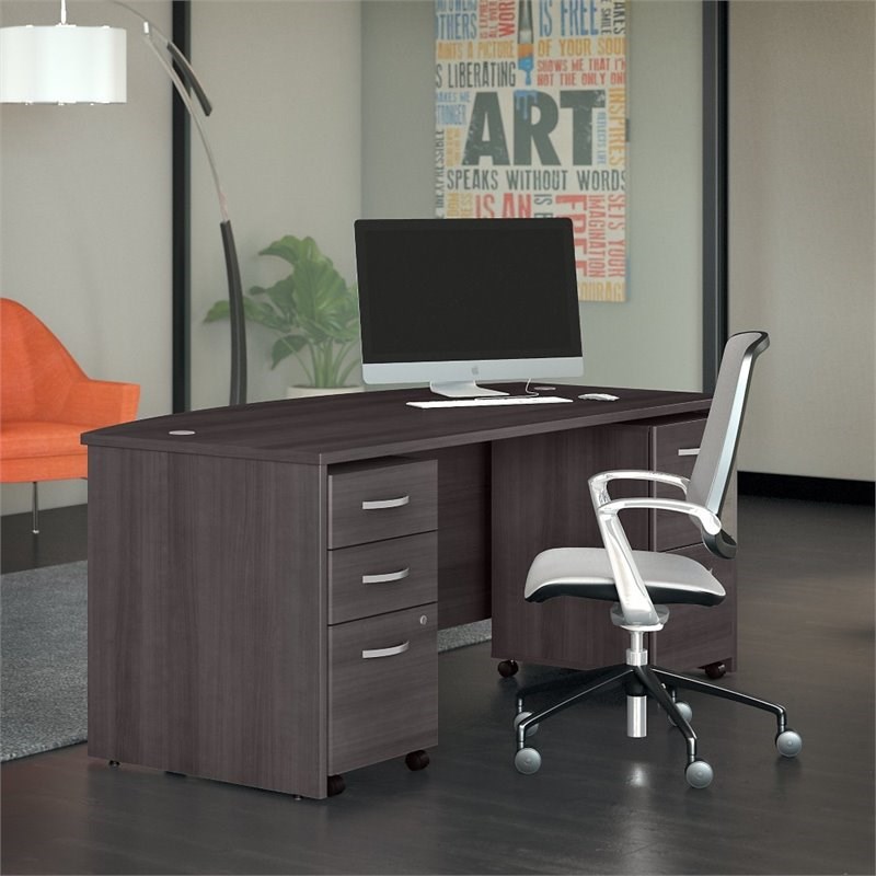 Studio C 72W Bow Front Desk with File Cabinets in Storm Gray - Engineered Wood