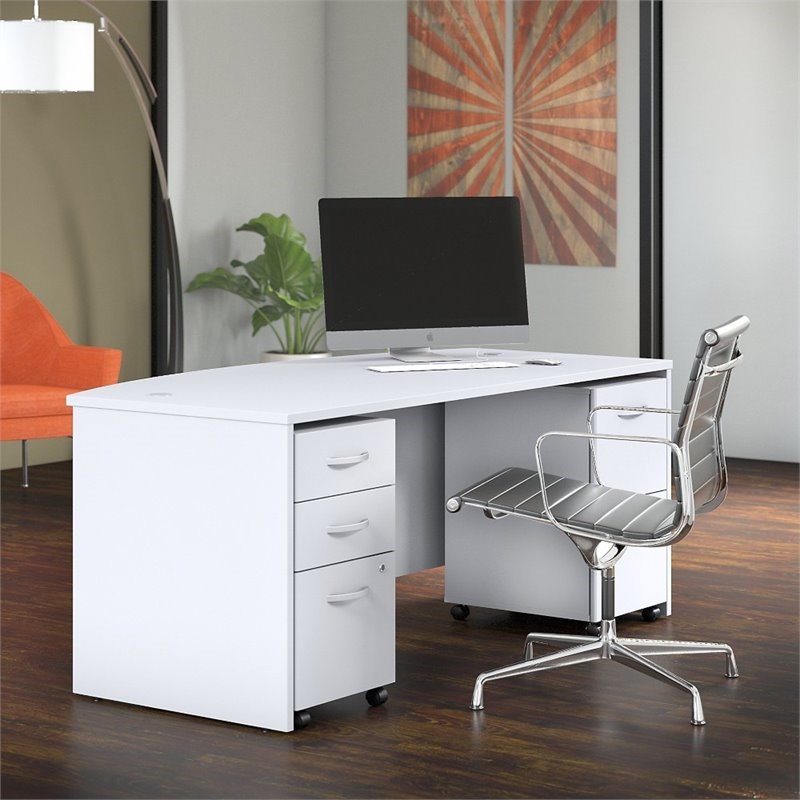 Studio C 72W Bow Front Desk with File Cabinets in White - Engineered Wood