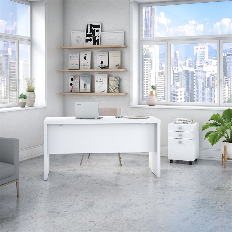 Echo by Kathy Ireland Credenza Desk with Mobile File in White -Engineered Wood