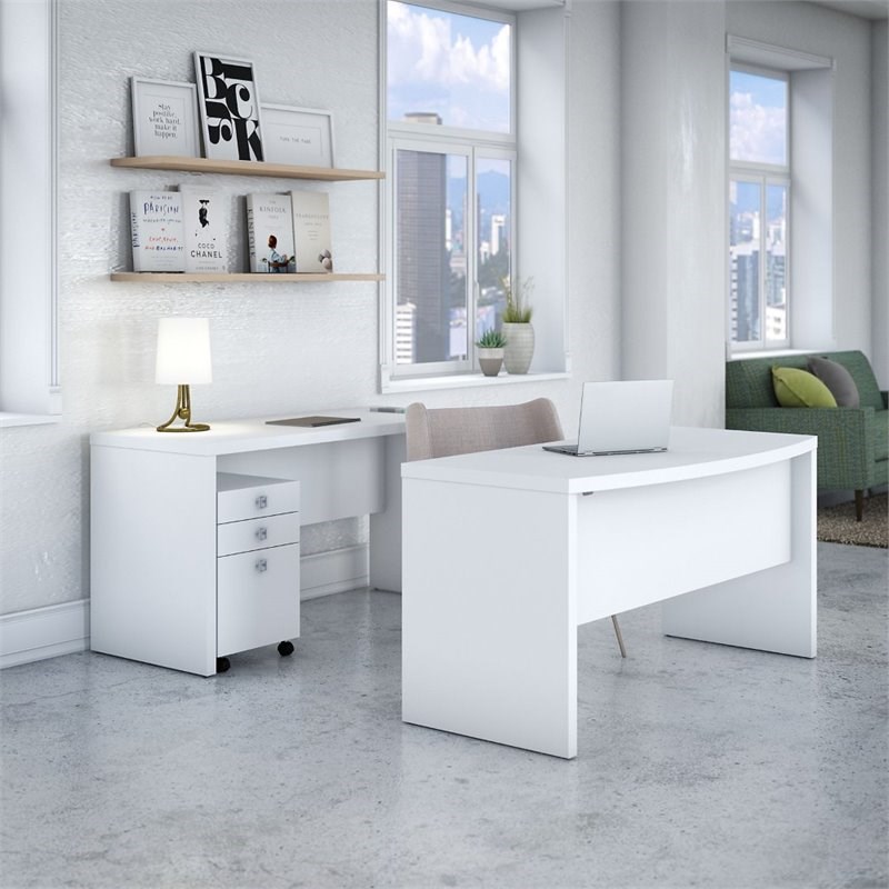 Echo by Kathy Ireland Bow Front Desk and Credenza with File in White