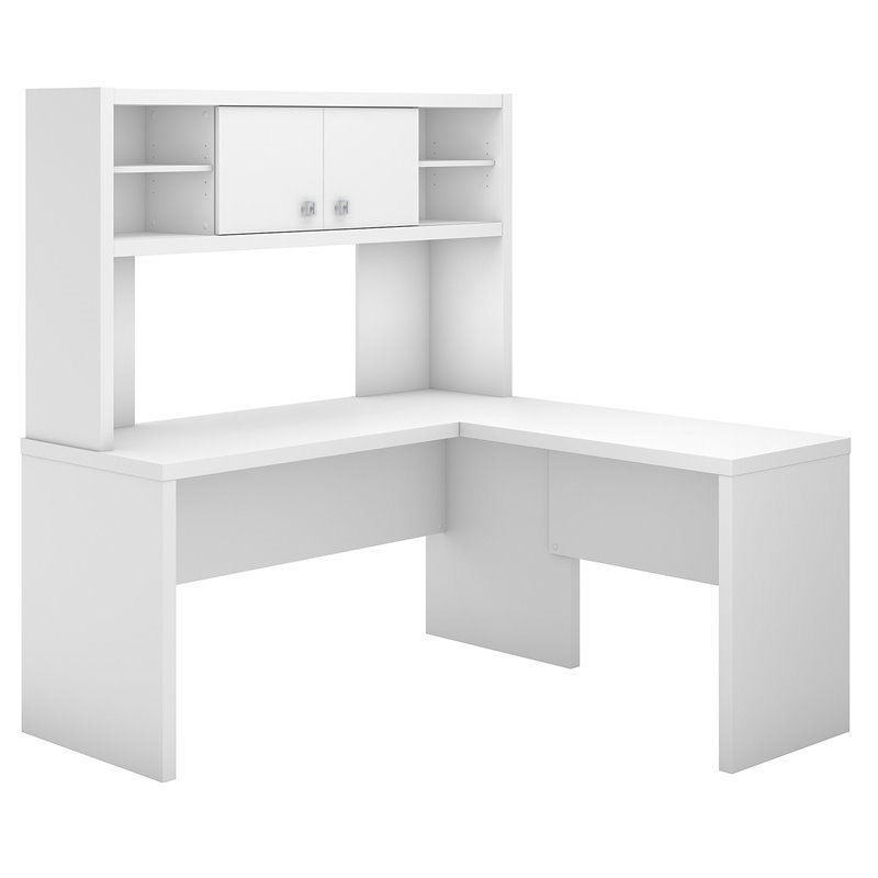 Echo L Shaped Desk with 2 Door Hutch in Pure White - Engineered Wood
