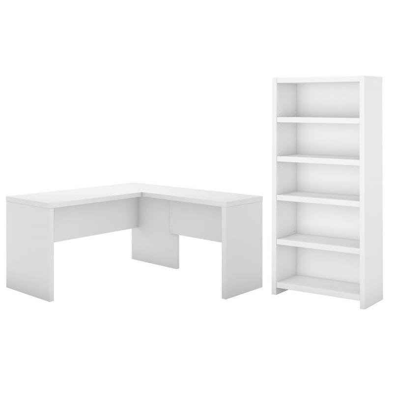 Bush Business Furniture Echo 2 Piece L Shaped Desk and 5 Shelf Bookcase Set in Pure White
