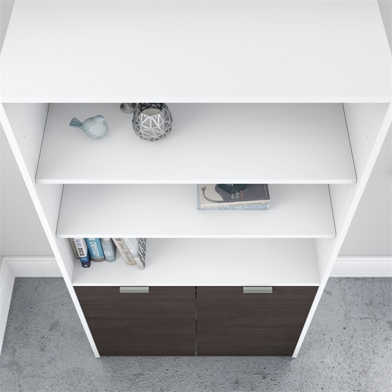 Jamestown 5 Shelf Bookcase with Doors in White and Storm Gray - Engineered Wood