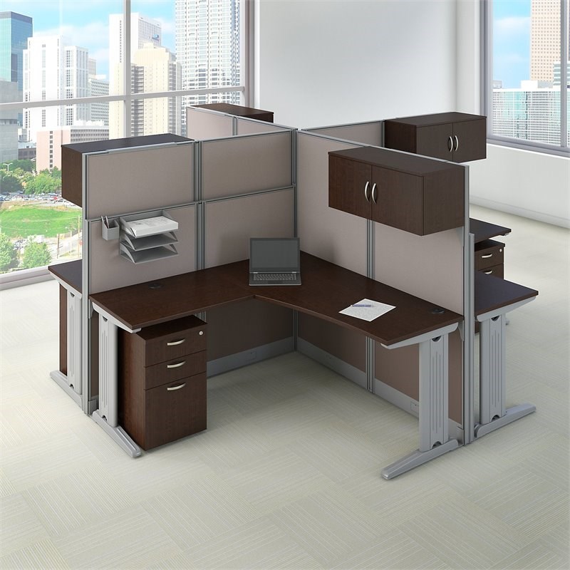 Office in an Hour 4 Person L Shaped Cubicle in Mocha Cherry - Engineered Wood