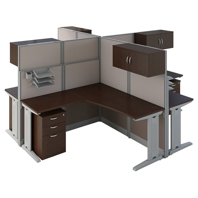Office in an Hour 4 Person L Shaped Cubicle in Mocha Cherry - Engineered Wood