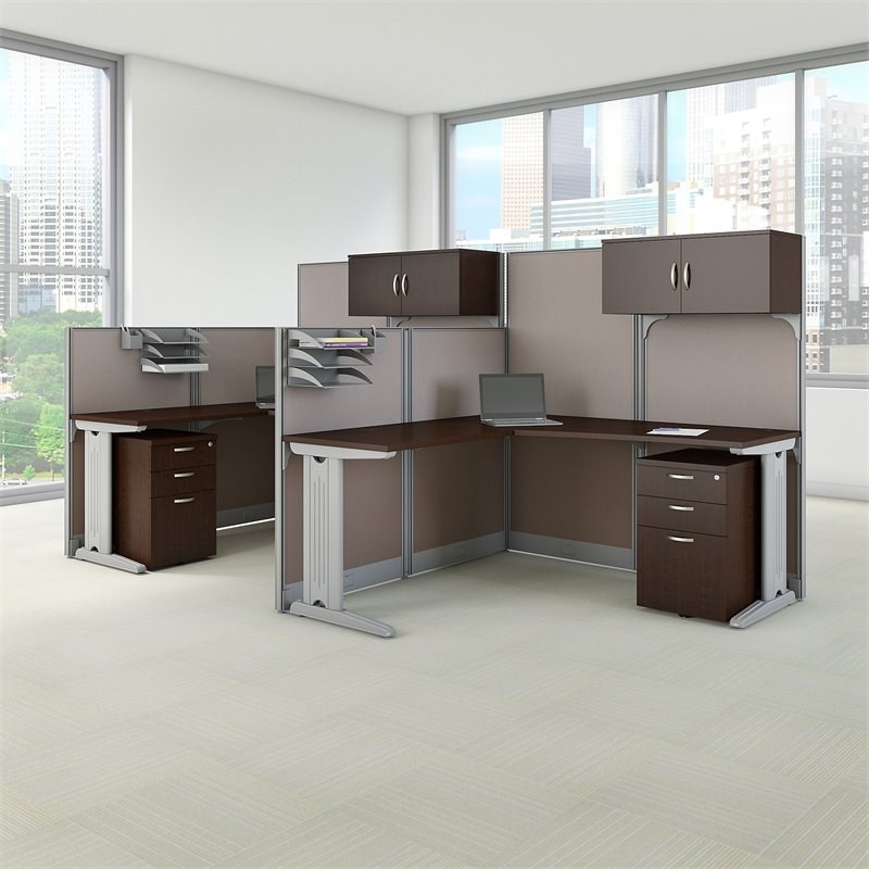 Office in an Hour 2 Person L Shaped Cubicle in Mocha Cherry - Engineered Wood