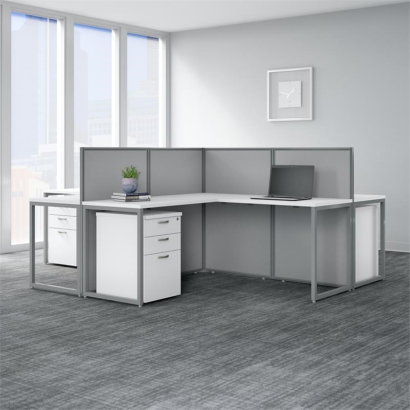 Easy Office 4 Person L Desk with Drawers & 45H Panels in White - Engineered Wood