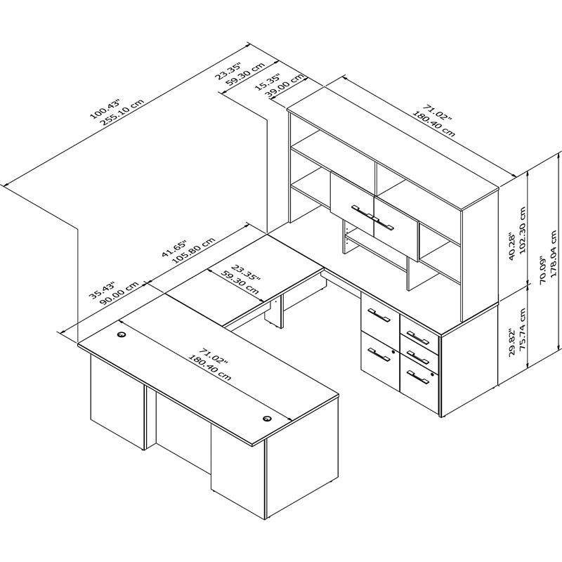 Office 500 72W U Shaped Desk with Hutch in Black Walnut Engineered