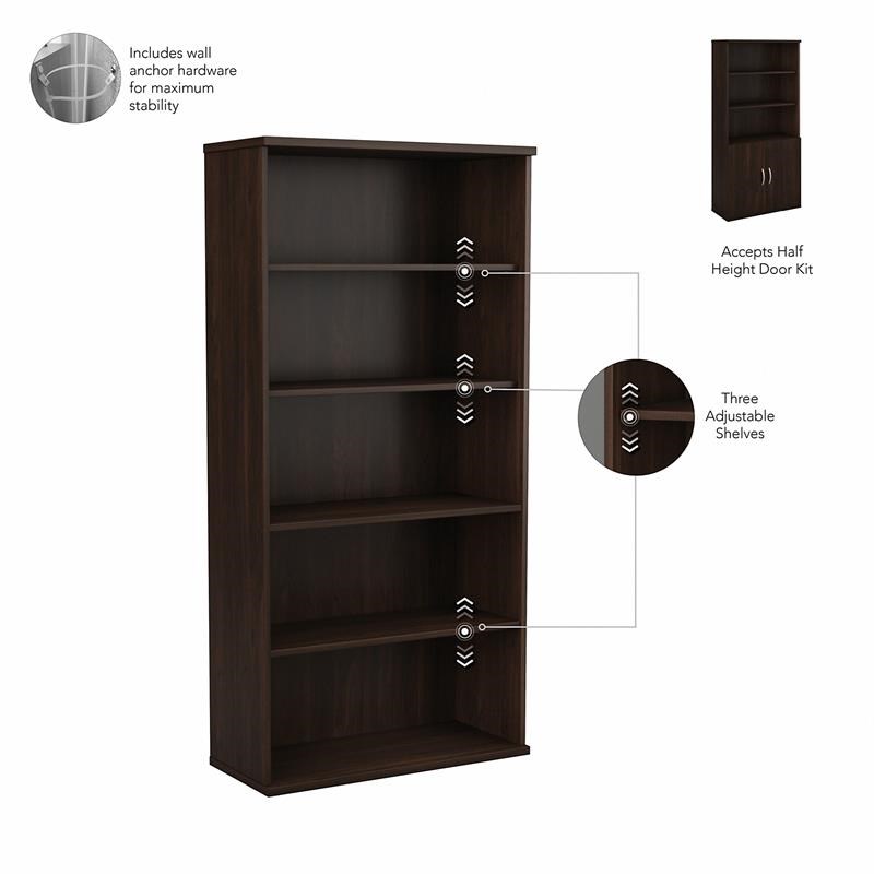 Hybrid Tall 5 Shelf Bookcase in Black Walnut - Engineered Wood