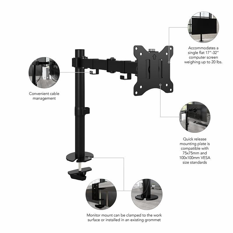 Bush Business Furniture Adjustable Monitor Arm in Satin Black - Steel