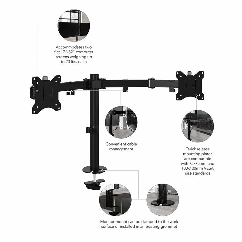Bush Business Furniture Adjustable Dual Monitor Arm in Satin Black - Steel