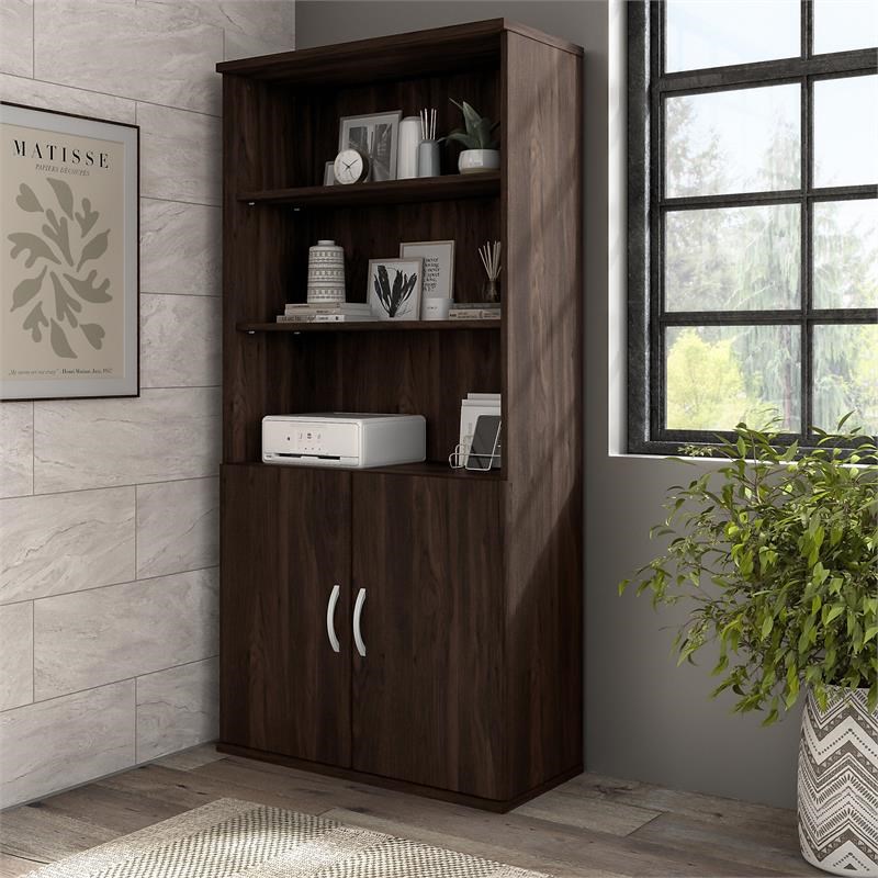 Hybrid Tall 5 Shelf Bookcase with Doors in Black Walnut - Engineered Wood