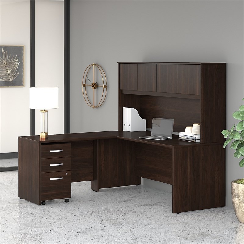 Studio C 72W L Desk with Hutch and Drawers in Black Walnut - Engineered Wood